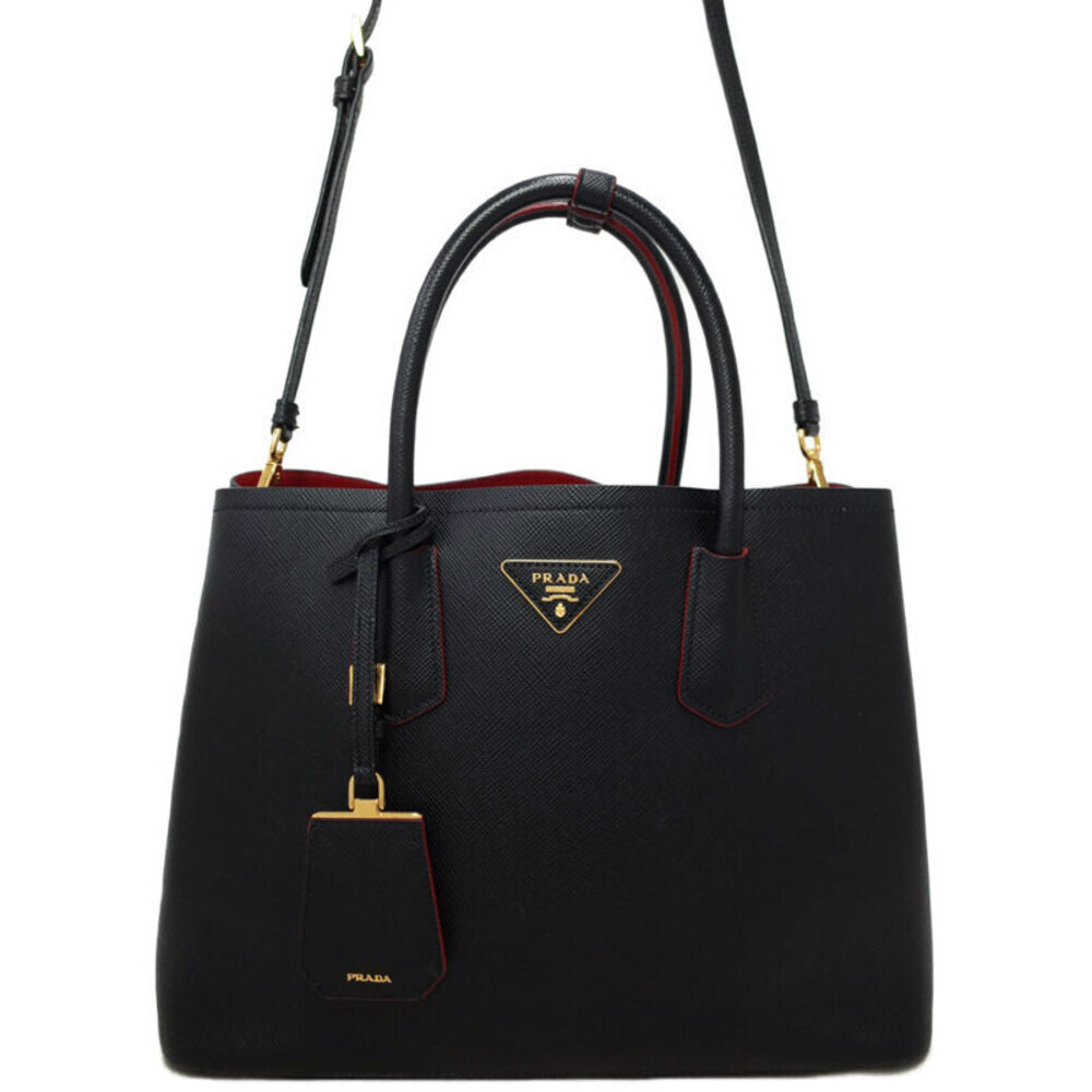 Prada Saffiano Cuir Double Bag black striking fiery red interio